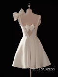 Cute White Short Prom Dress A-line Straps Cocktail Dress With Bow #EWR009|Selinadress