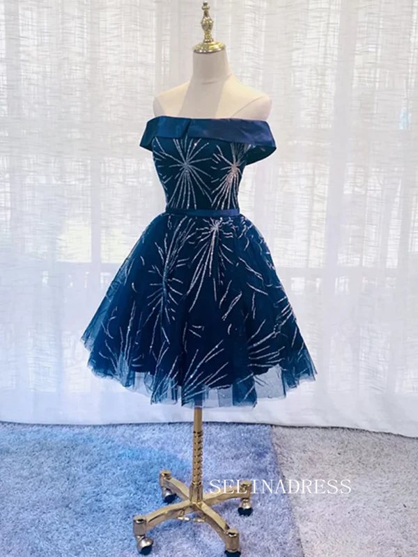 Dark Blue Off Shoulder Tulle Knee Length Party Dress Blue Homecoming D SELINADRESS Dark Blue Off Shoulder Tulle Knee Length Party Dress Blue Homecoming D SELINADRESS