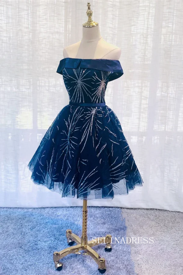 Dark Blue Off Shoulder Tulle Knee Length Party Dress Blue Homecoming D SELINADRESS Dark Blue Off Shoulder Tulle Knee Length Party Dress Blue Homecoming D SELINADRESS