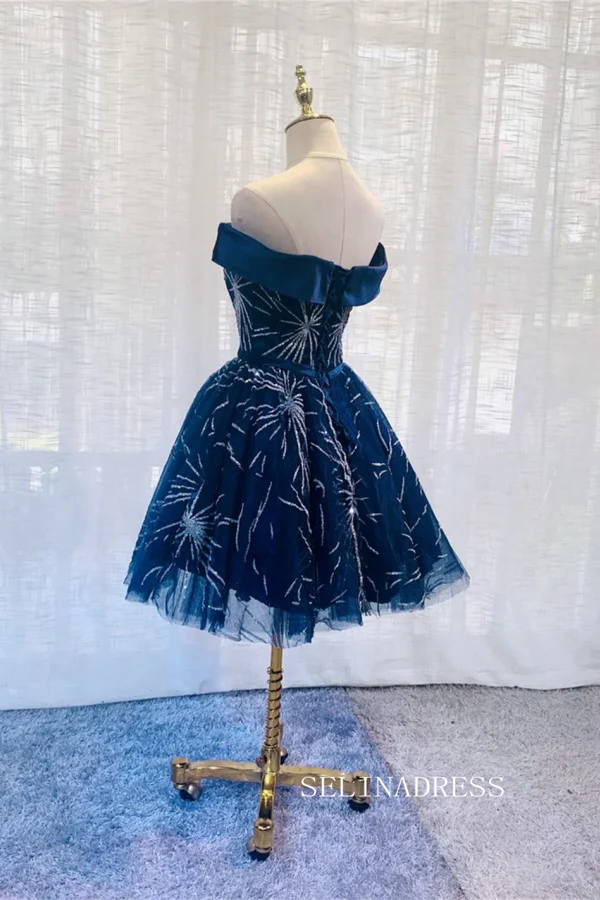 Dark Blue Off Shoulder Tulle Knee Length Party Dress Blue Homecoming D SELINADRESS Dark Blue Off Shoulder Tulle Knee Length Party Dress Blue Homecoming D SELINADRESS