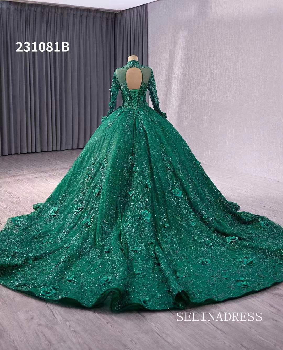 Dark Green High Neck Sparkly Tulle 3D Floral Lace Wedding Dresses Long SELINADRESS Dark Green High Neck Sparkly Tulle 3D Floral Lace Wedding Dresses Long SELINADRESS