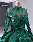 Dark Green High Neck Sparkly Tulle 3D Floral Lace Wedding Dresses Long Sleeve Quinceanera Dress 231081B|Selinadress