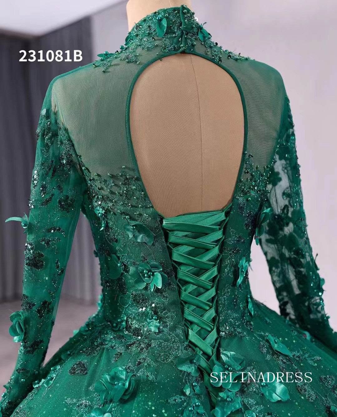 quince dresses dark green Dark Green High Neck Sparkly Tulle 3D Floral Lace Wedding Dresses Long – SELINADRESS