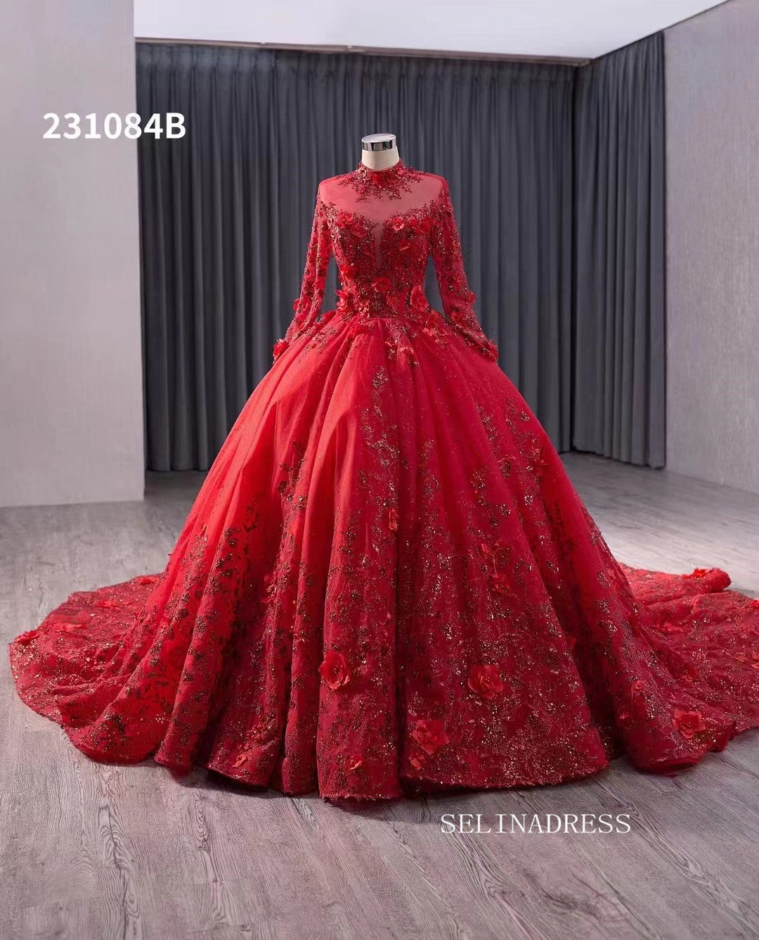 Dark Green High Neck Sparkly Tulle 3D Floral Lace Wedding Dresses Long SELINADRESS Dark Green High Neck Sparkly Tulle 3D Floral Lace Wedding Dresses Long SELINADRESS