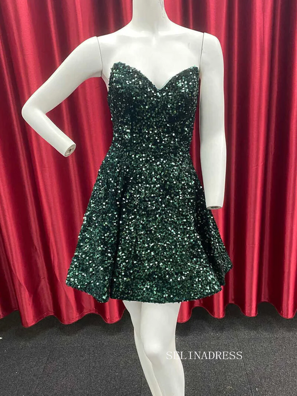 Dark Green Sequin Sweetheart Short Homecoming Dress #sea102|Selinadress