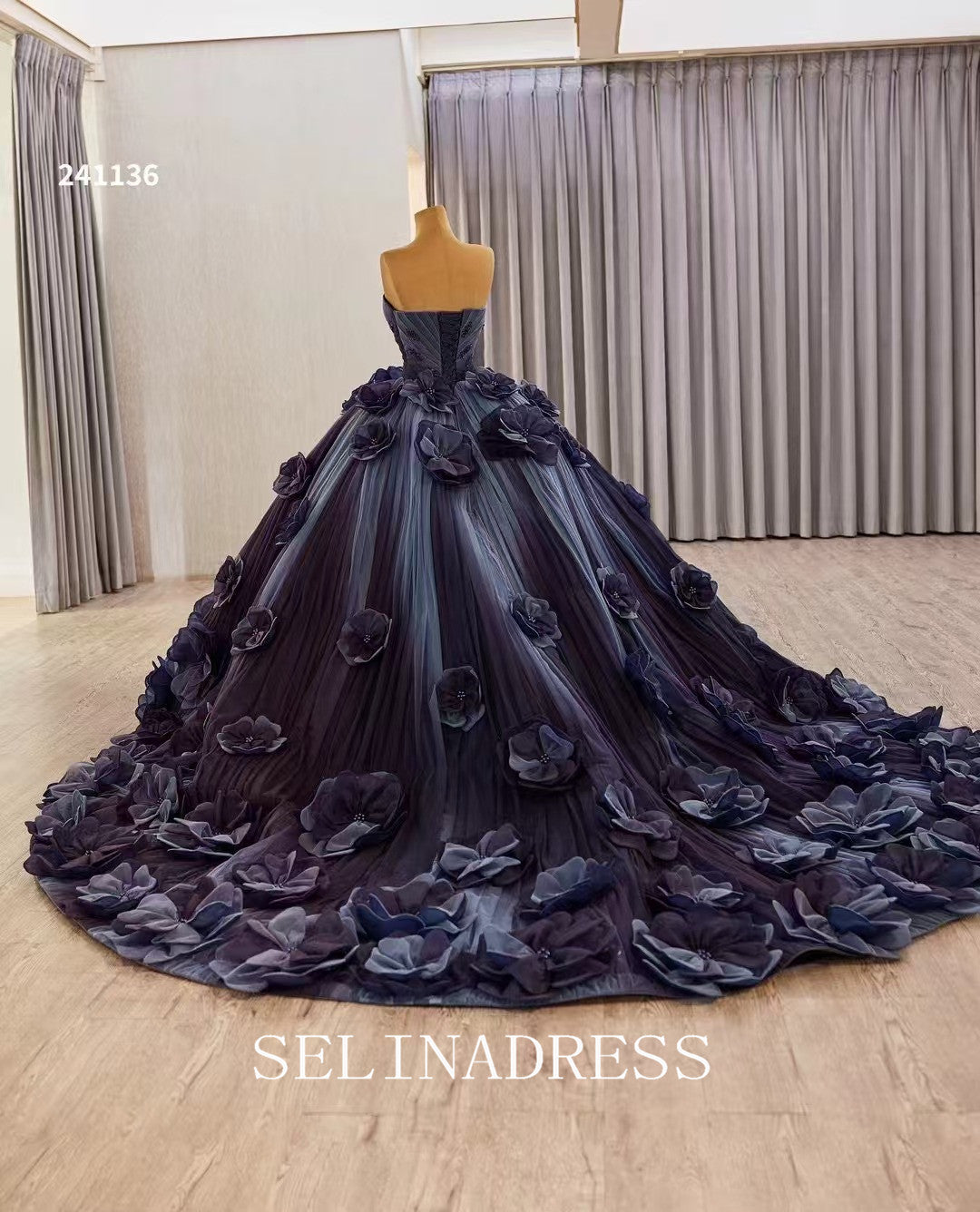 Dark Navy Sweetheart Luxury Prom Dress Hand made Floral Ball Gown Quin – SELINADRESS