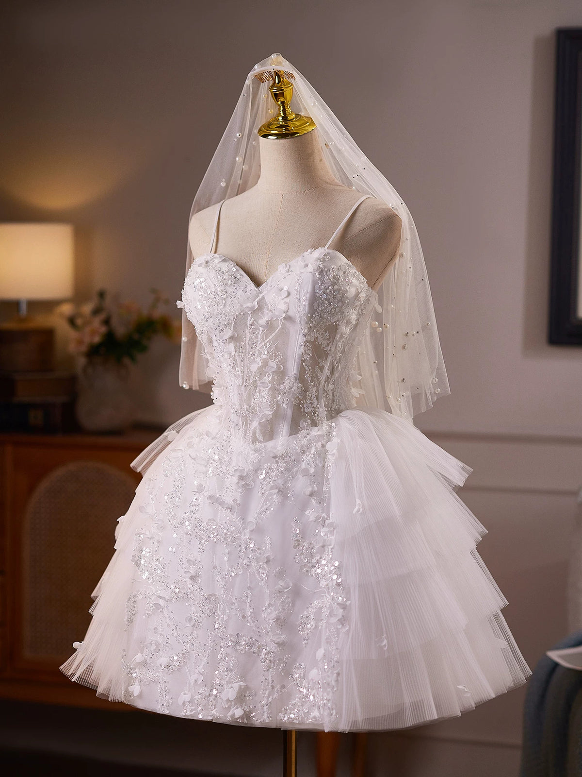Delicate White Tulle Mini Wedding Dress with Floral Embroidery and Tiered Skirt TYL064|Selinadress