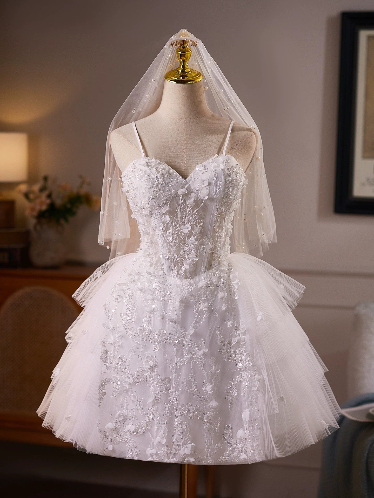 Delicate White Tulle Mini Wedding Dress with Floral Embroidery and Tiered Skirt TYL064|Selinadress