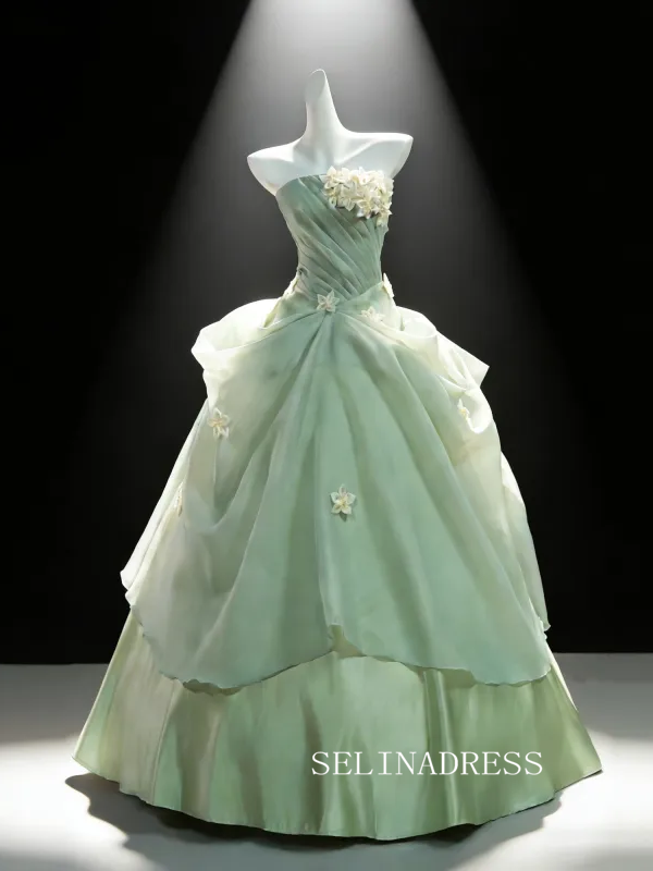 Dreamy Sage Green Appliques Prom Dresses Strapless Sleeveless Backless Ball Gown LET004|Selinadress
