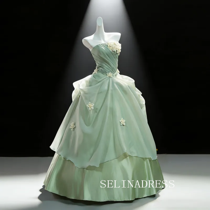 Dreamy Sage Green Appliques Prom Dresses Strapless Sleeveless Backless Ball Gown LET004|Selinadress
