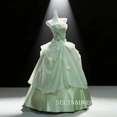 Dreamy Sage Green Appliques Prom Dresses Strapless Sleeveless Backless Ball Gown LET004|Selinadress
