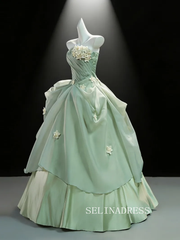 Dreamy Sage Green Appliques Prom Dresses Strapless Sleeveless Backless Ball Gown LET004|Selinadress