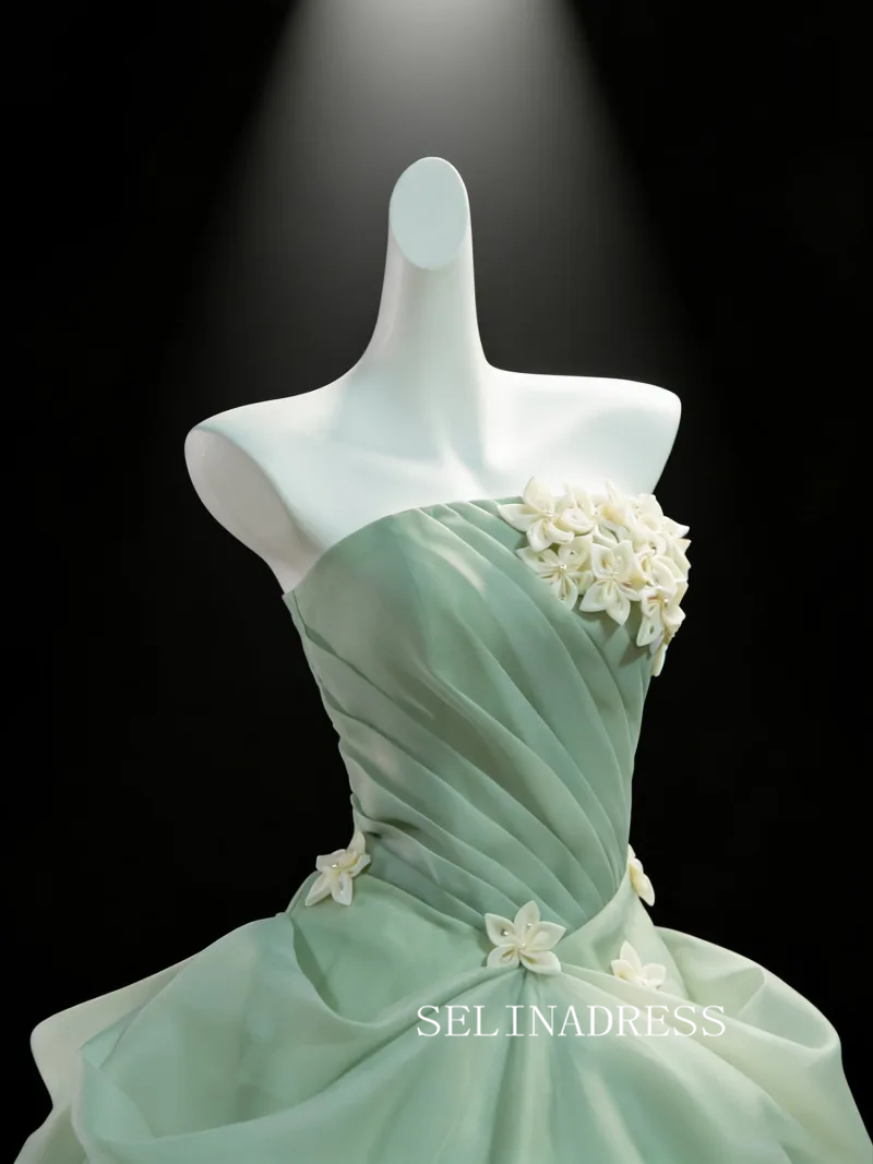 Dreamy Sage Green Appliques Prom Dresses Strapless Sleeveless Backless Ball Gown LET004|Selinadress