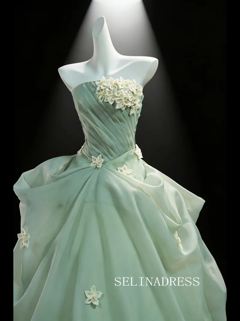 Dreamy Sage Green Appliques Prom Dresses Strapless Sleeveless Backless Ball Gown LET004|Selinadress