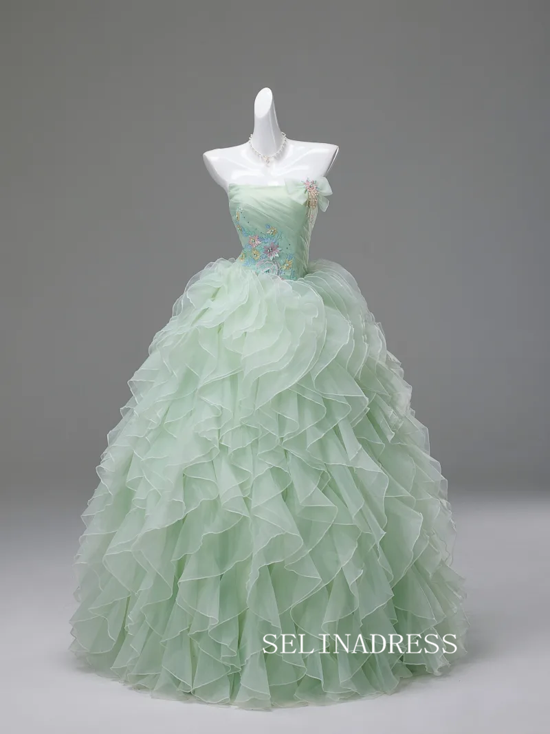 Dreamy Sage Green Sequins Lace Flower Cascading Ruffles Prom Dresses Strapless Sleeveless Ball Gown LET002|Selinadress
