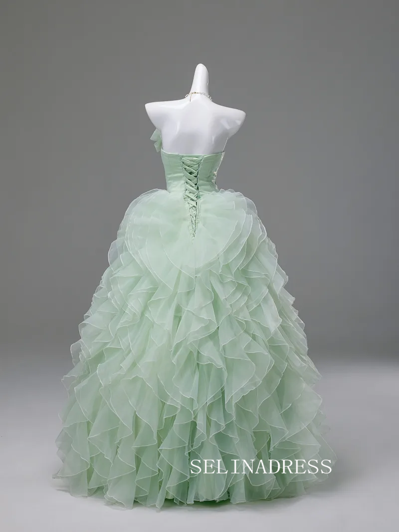 Dreamy Sage Green Sequins Lace Flower Cascading Ruffles Prom Dresses Strapless Sleeveless Ball Gown LET002|Selinadress