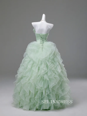 Dreamy Sage Green Sequins Lace Flower Cascading Ruffles Prom Dresses Strapless Sleeveless Ball Gown LET002|Selinadress