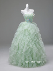 Dreamy Sage Green Sequins Lace Flower Cascading Ruffles Prom Dresses Strapless Sleeveless Ball Gown LET002|Selinadress