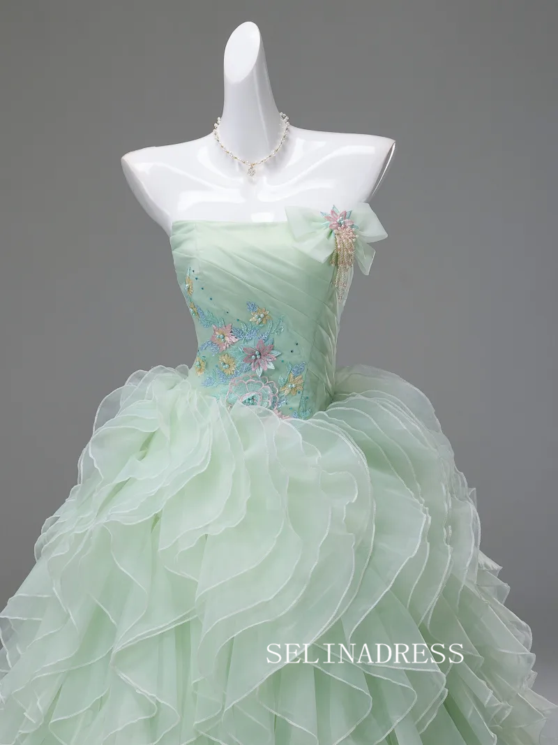 Dreamy Sage Green Sequins Lace Flower Cascading Ruffles Prom Dresses Strapless Sleeveless Ball Gown LET002|Selinadress