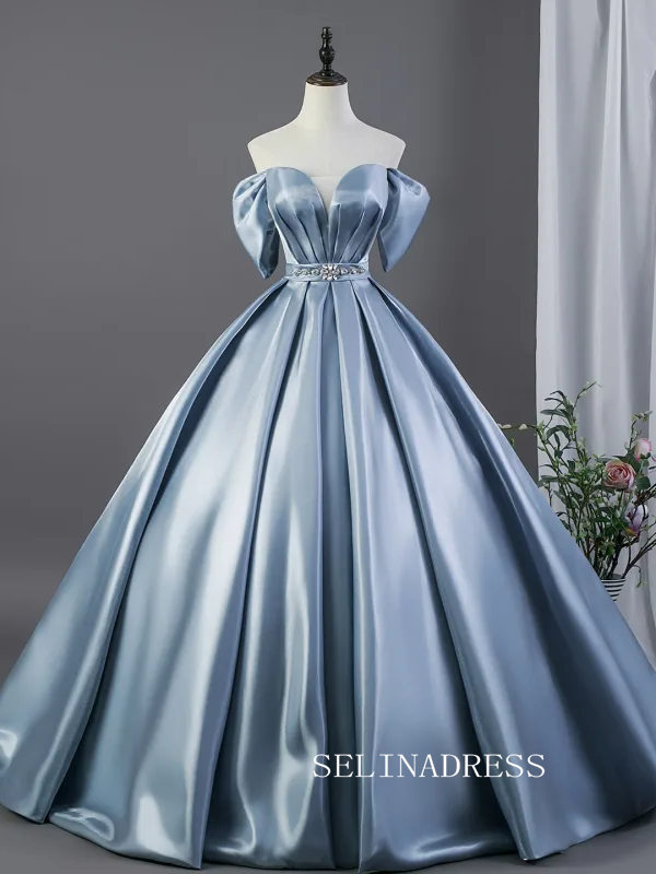 Dusty Blue Rhinestone Satin Prom Dresses Off-The-Shoulder Short Sleeve Backless Long Ball Gown LET027|Selinadress