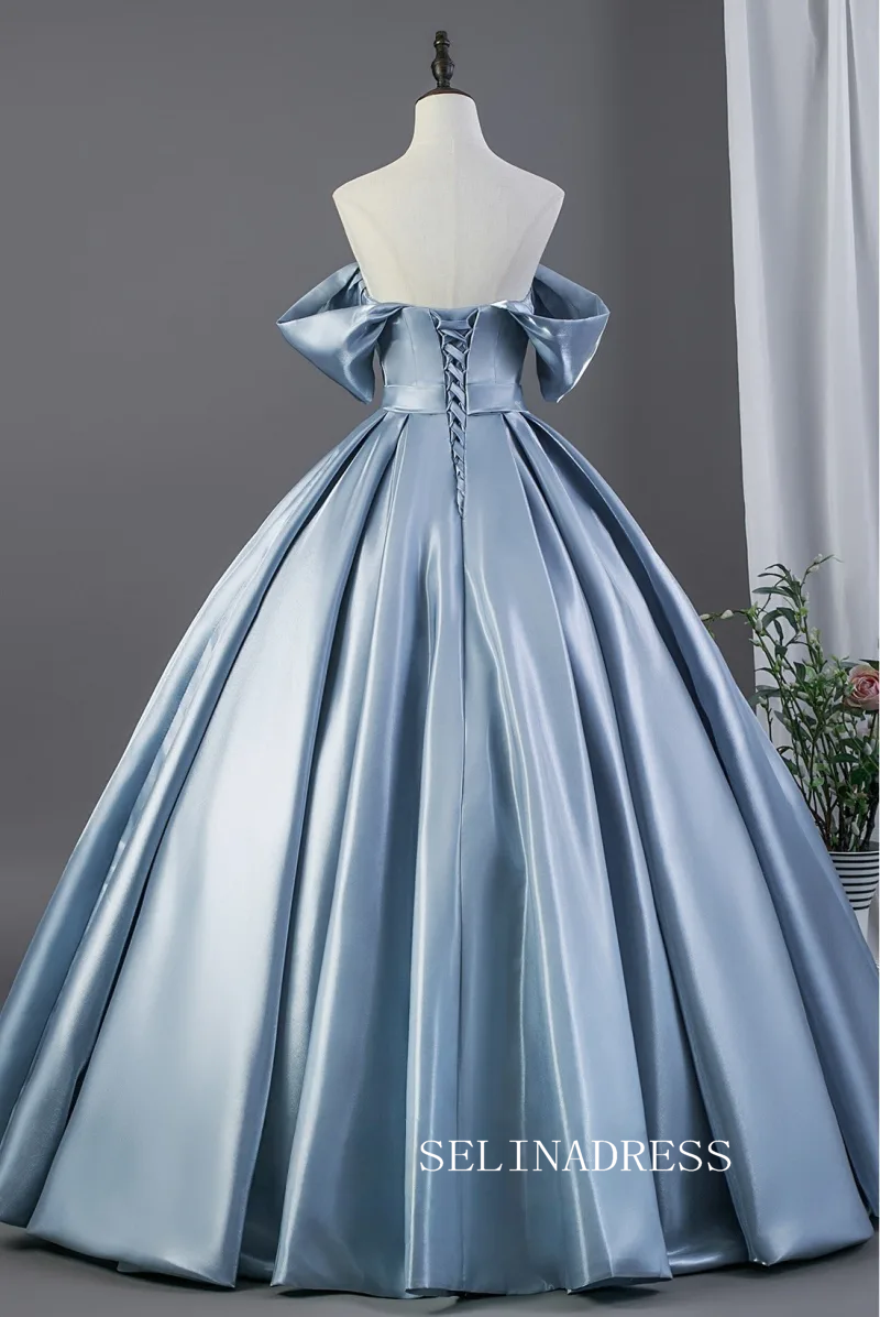 Dusty Blue Rhinestone Satin Prom Dresses Off-The-Shoulder Short Sleeve Backless Long Ball Gown LET027|Selinadress