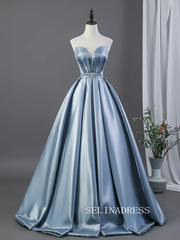 Dusty Blue Rhinestone Satin Prom Dresses Off-The-Shoulder Short Sleeve Backless Long Ball Gown LET027|Selinadress