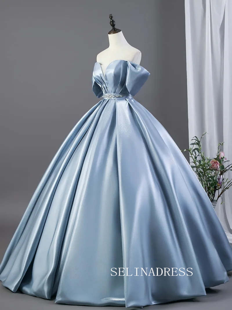 Dusty Blue Rhinestone Satin Prom Dresses Off-The-Shoulder Short Sleeve Backless Long Ball Gown LET027|Selinadress