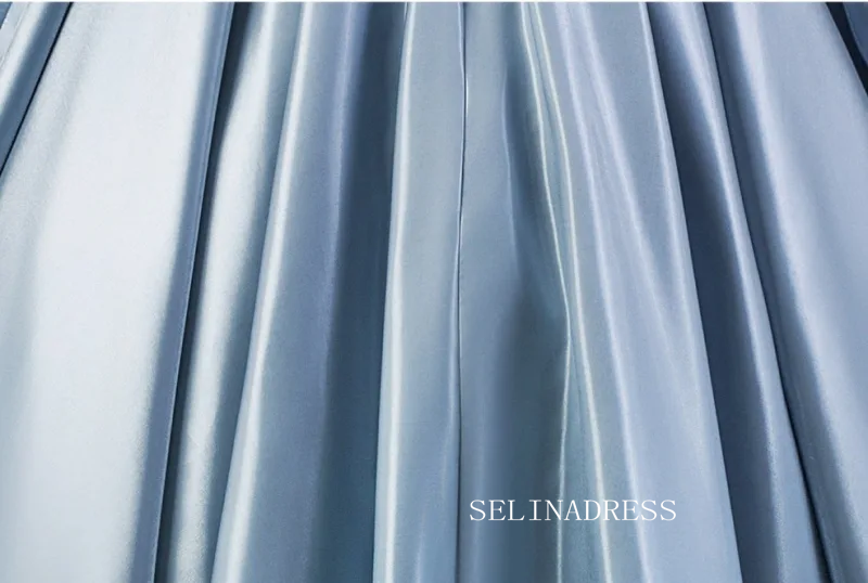 Dusty Blue Rhinestone Satin Prom Dresses Off-The-Shoulder Short Sleeve Backless Long Ball Gown LET027|Selinadress