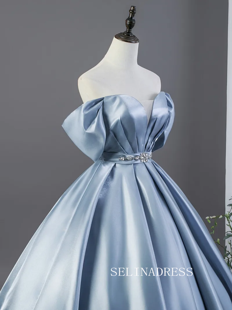 Dusty Blue Rhinestone Satin Prom Dresses Off-The-Shoulder Short Sleeve Backless Long Ball Gown LET027|Selinadress