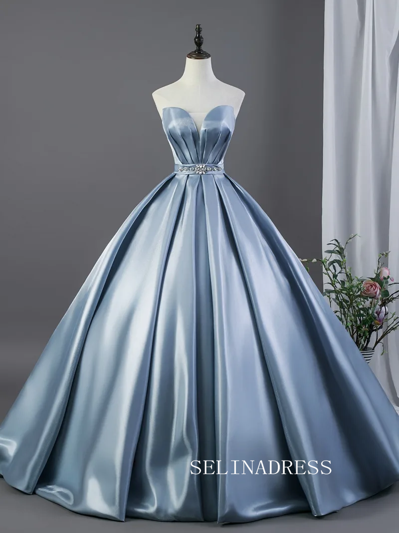 Dusty Blue Rhinestone Satin Prom Dresses Off-The-Shoulder Short Sleeve Backless Long Ball Gown LET027|Selinadress