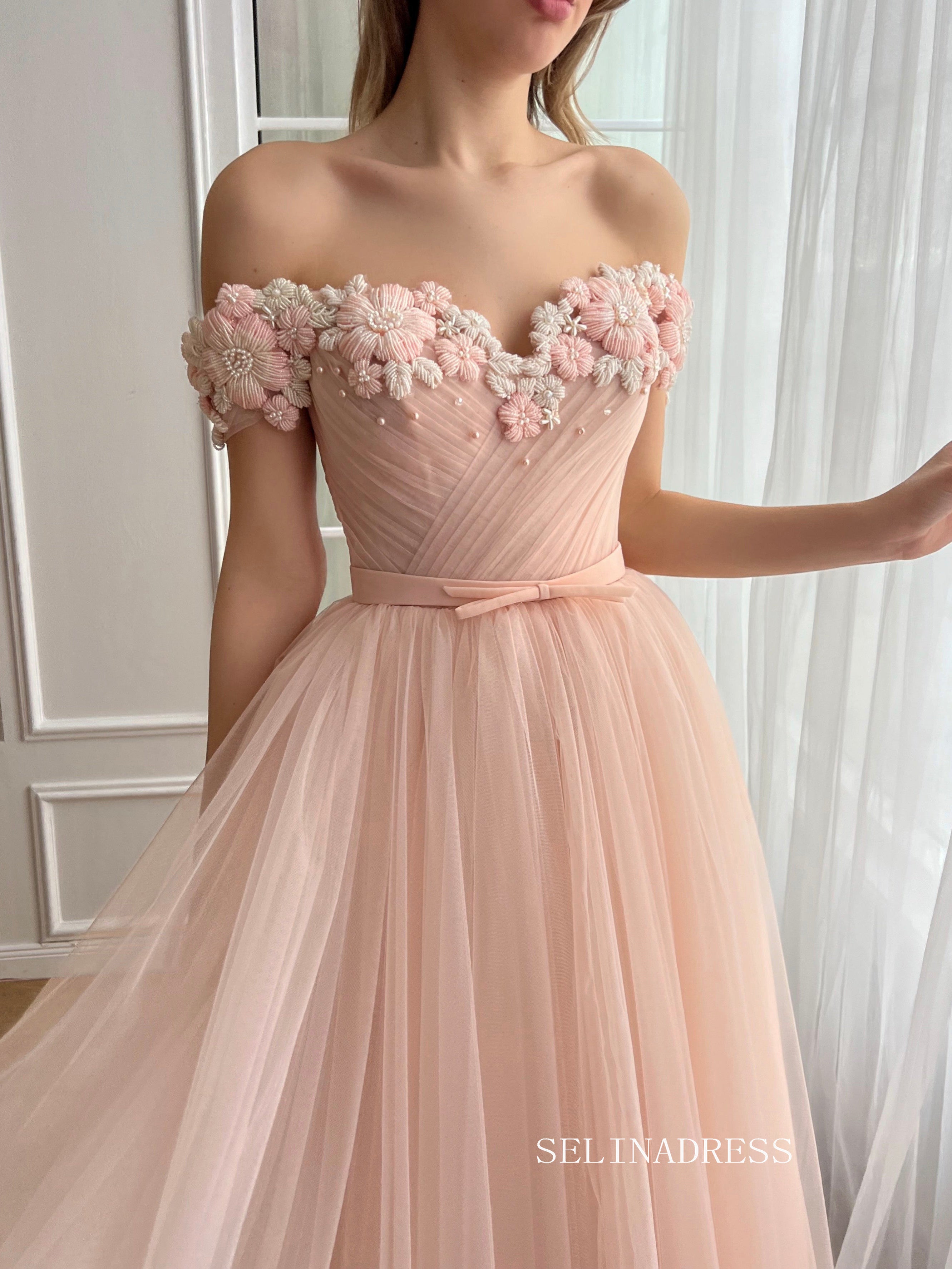Dusty Pink Off-the-shoulder Midi Prom Dress Beaded Flower Tulle Party – SELINADRESS