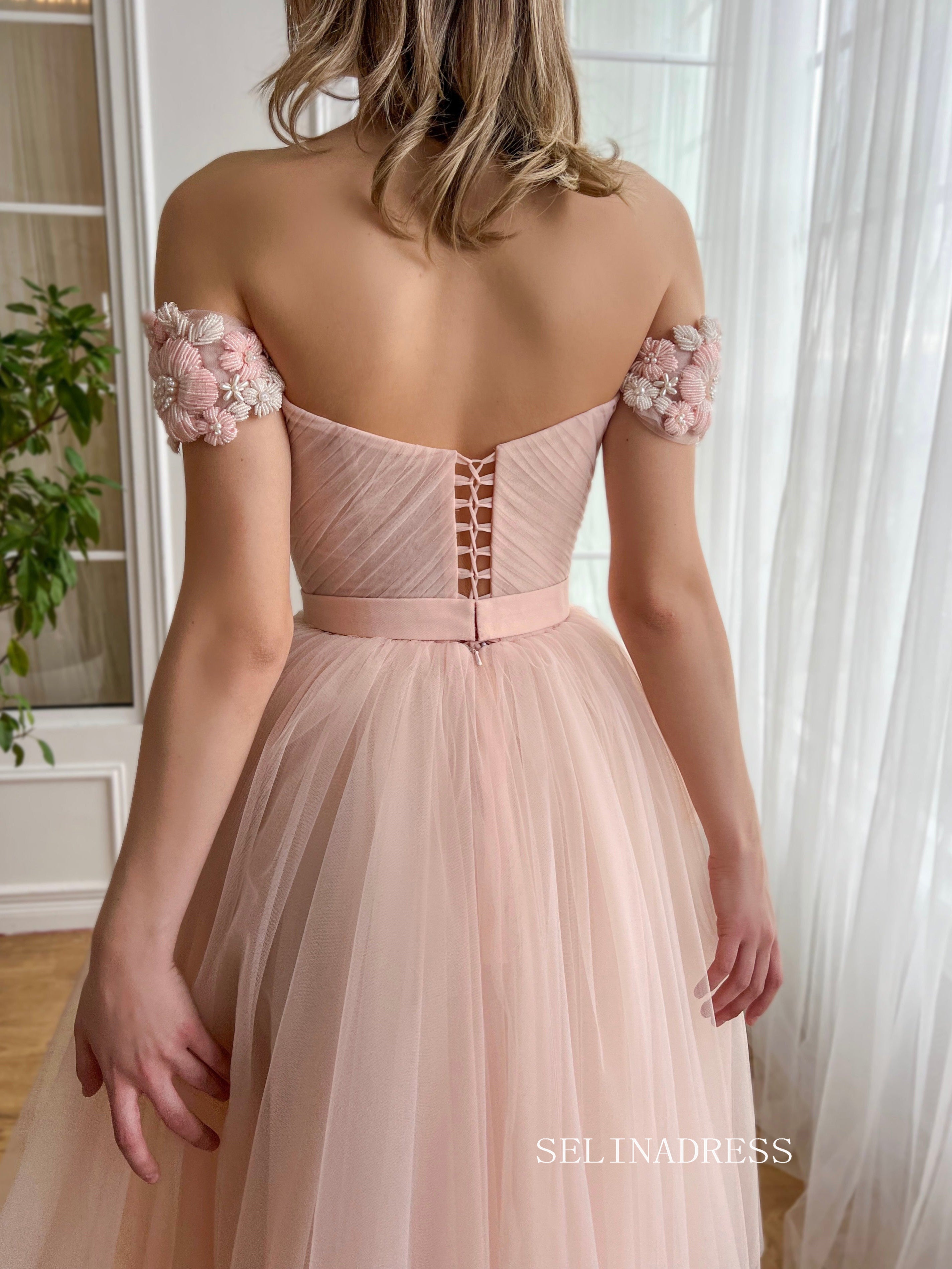 women's light pink off the shoulder goddess dress Dusty Pink Off-the-shoulder Midi Prom Dress Beaded Flower Tulle Party – SELINADRESS