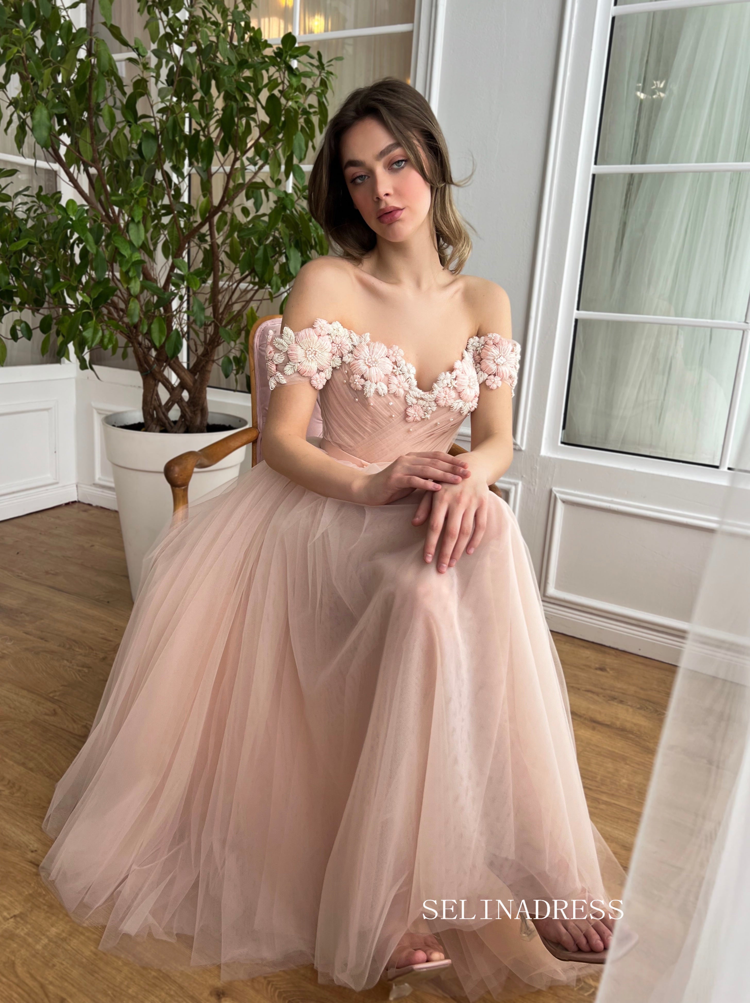 Dusty Pink Off-the-shoulder Midi Prom Dress Beaded Flower Tulle Party SELINADRESS Dusty Pink Off-the-shoulder Midi Prom Dress Beaded Flower Tulle Party SELINADRESS