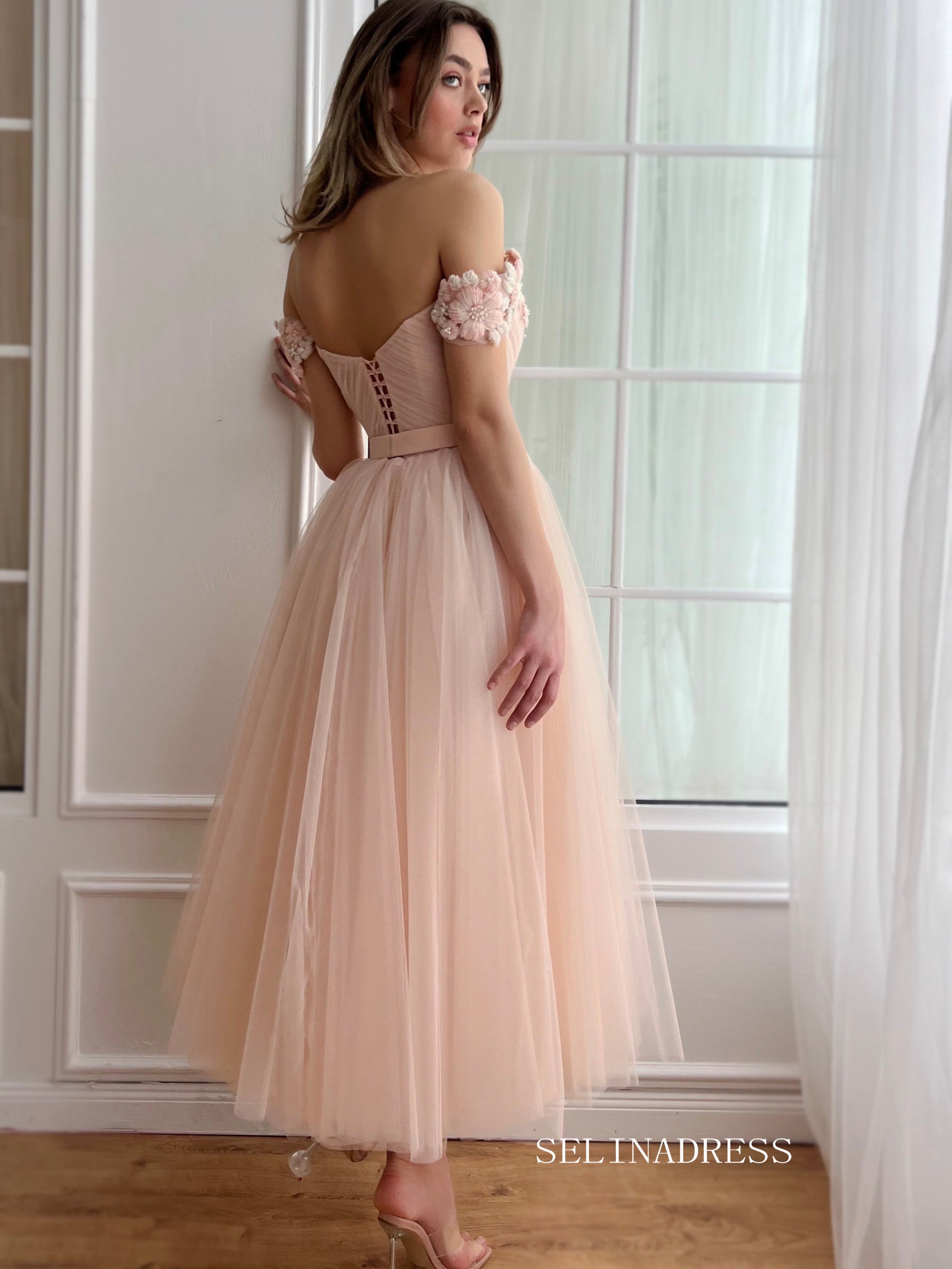 Dusty Pink Off-the-shoulder Midi Prom Dress Beaded Flower Tulle Party SELINADRESS Dusty Pink Off-the-shoulder Midi Prom Dress Beaded Flower Tulle Party SELINADRESS