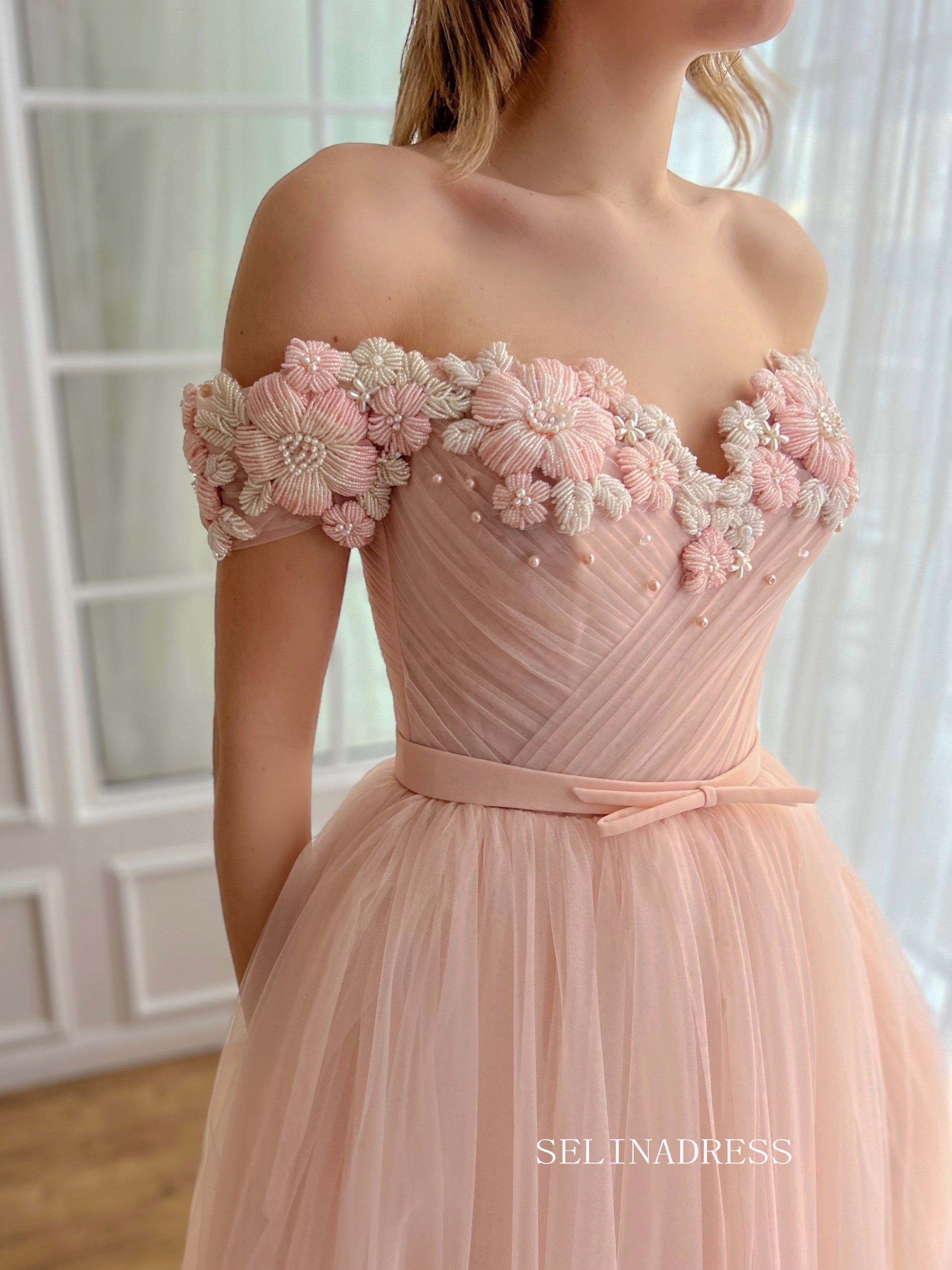 Dusty Pink Off-the-shoulder Midi Prom Dress Beaded Flower Tulle Party SELINADRESS Dusty Pink Off-the-shoulder Midi Prom Dress Beaded Flower Tulle Party SELINADRESS