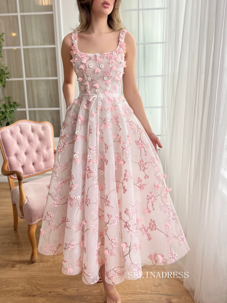 Dusty Pink Square Neck Midi Prom Dress 3D Flower Lace Tulle Party Dres –  SELINADRESS