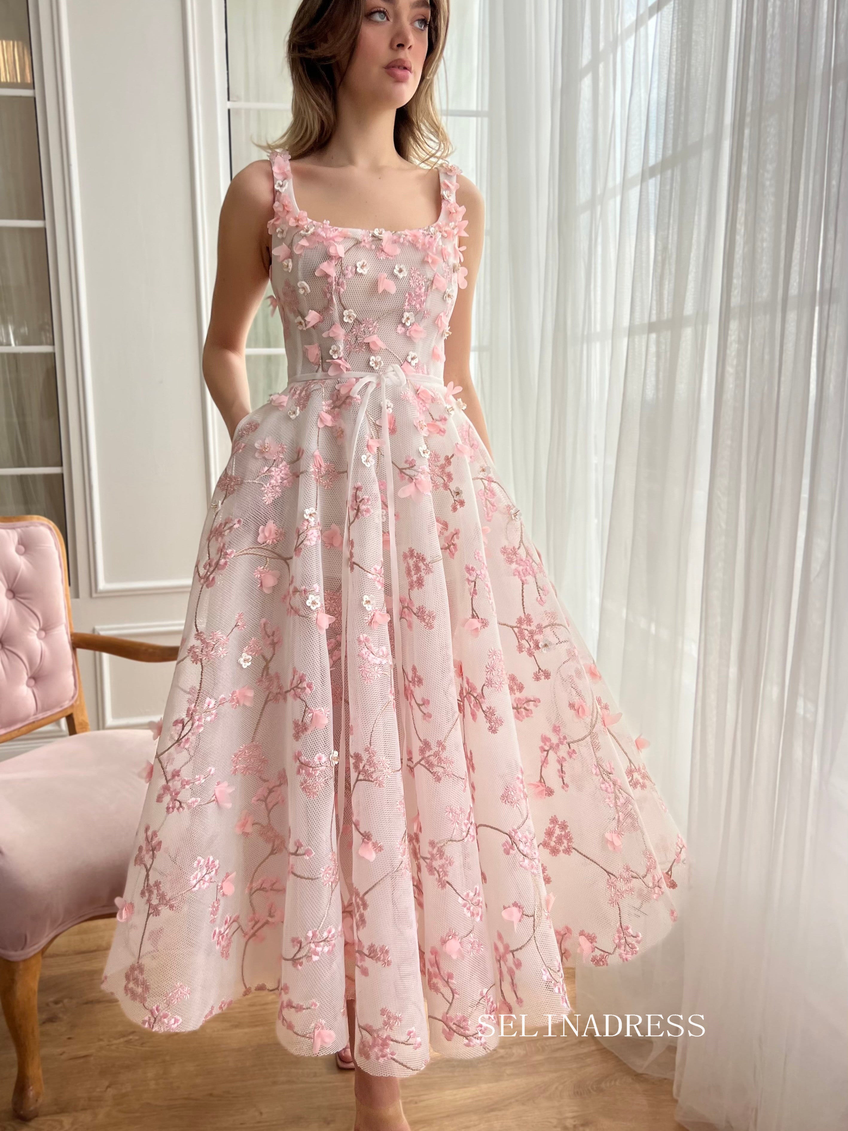 Dusty Pink Square Neck Midi Prom Dress 3D Flower Lace Tulle Party Dres SELINADRESS Dusty Pink Square Neck Midi Prom Dress 3D Flower Lace Tulle Party Dres SELINADRESS