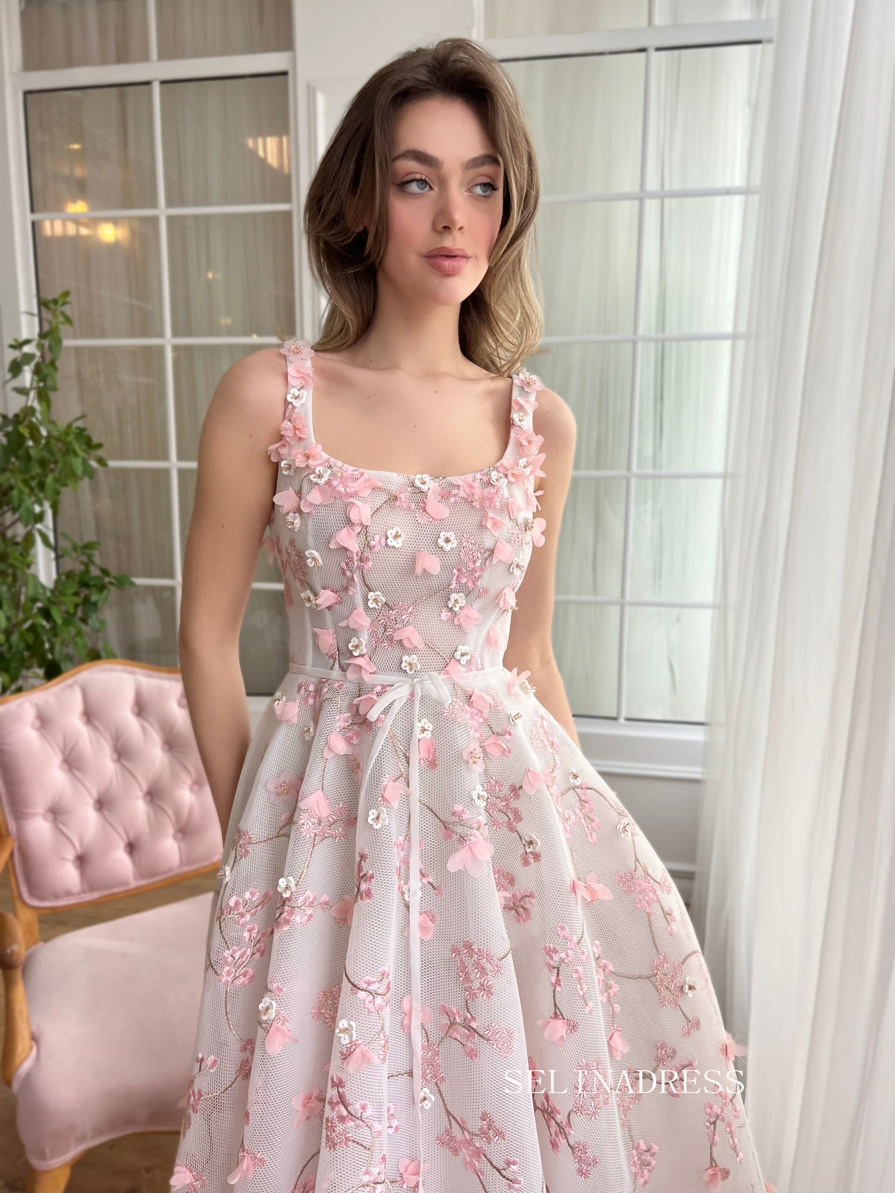 Dusty Pink Square Neck Midi Prom Dress 3D Flower Lace Tulle Party Dres SELINADRESS Dusty Pink Square Neck Midi Prom Dress 3D Flower Lace Tulle Party Dres SELINADRESS