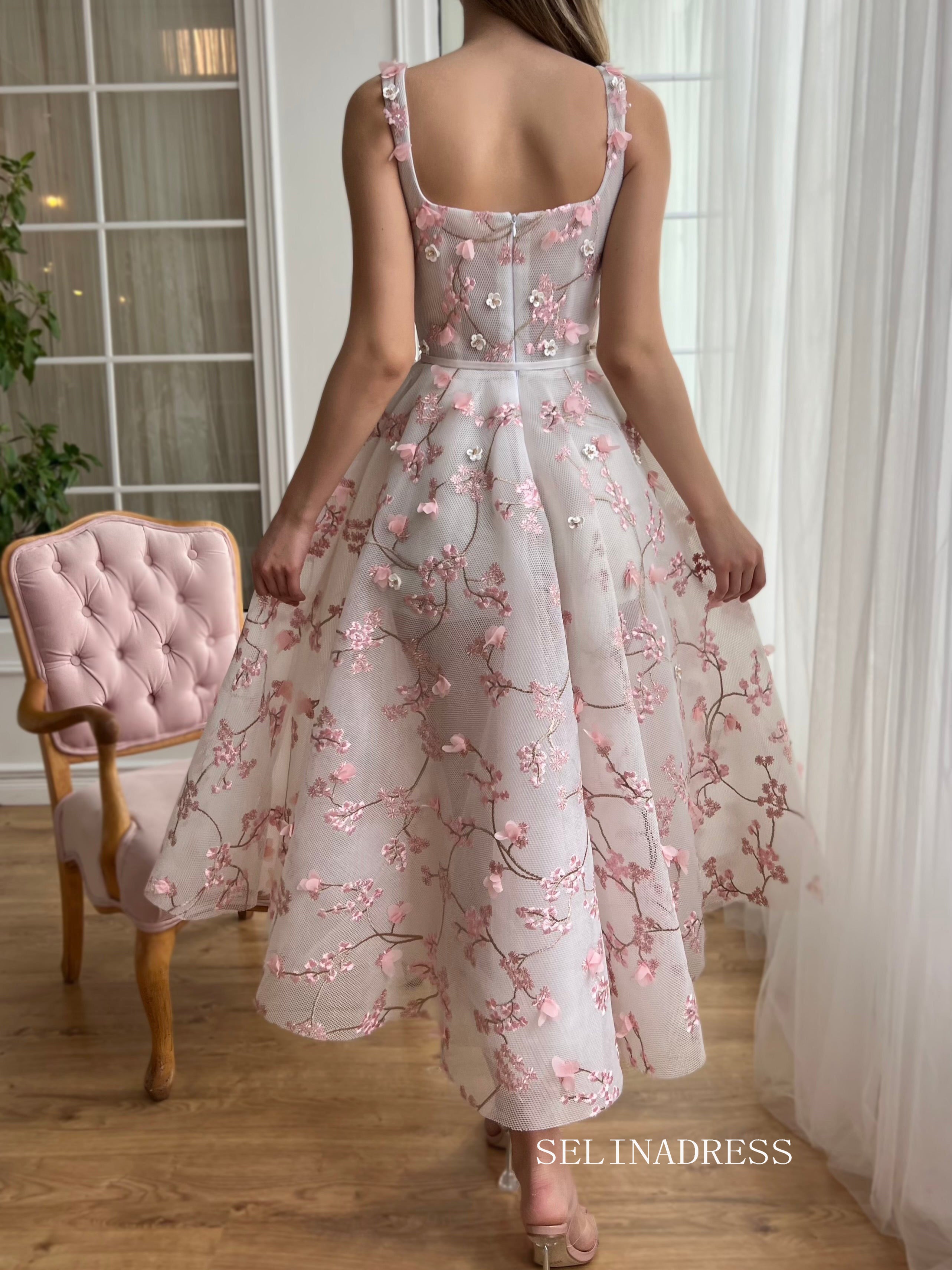 Dusty Pink Square Neck Midi Prom Dress 3D Flower Lace Tulle Party Dres SELINADRESS Dusty Pink Square Neck Midi Prom Dress 3D Flower Lace Tulle Party Dres SELINADRESS