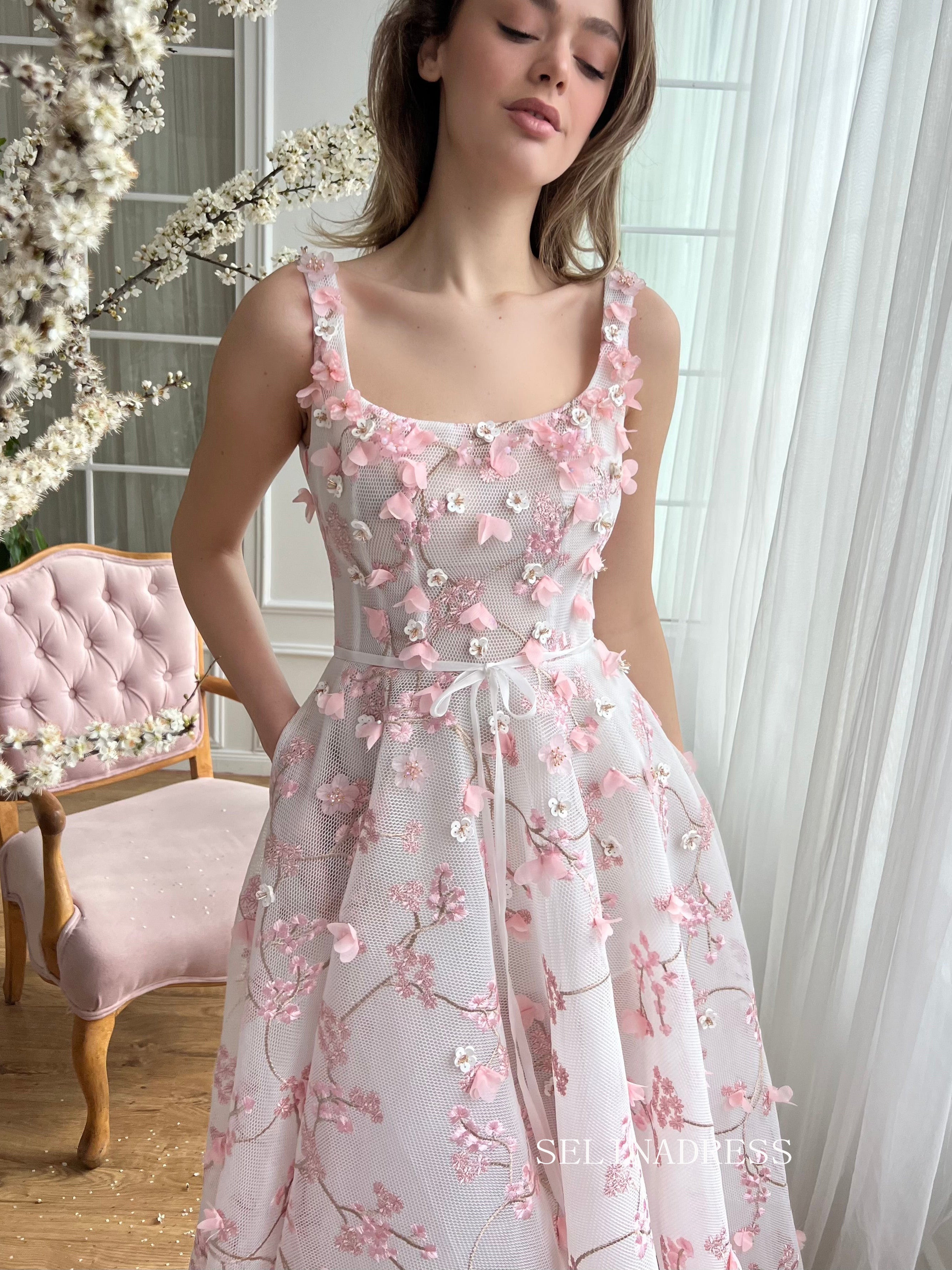 Dusty Pink Square Neck Midi Prom Dress 3D Flower Lace Tulle Party Dres SELINADRESS Dusty Pink Square Neck Midi Prom Dress 3D Flower Lace Tulle Party Dres SELINADRESS