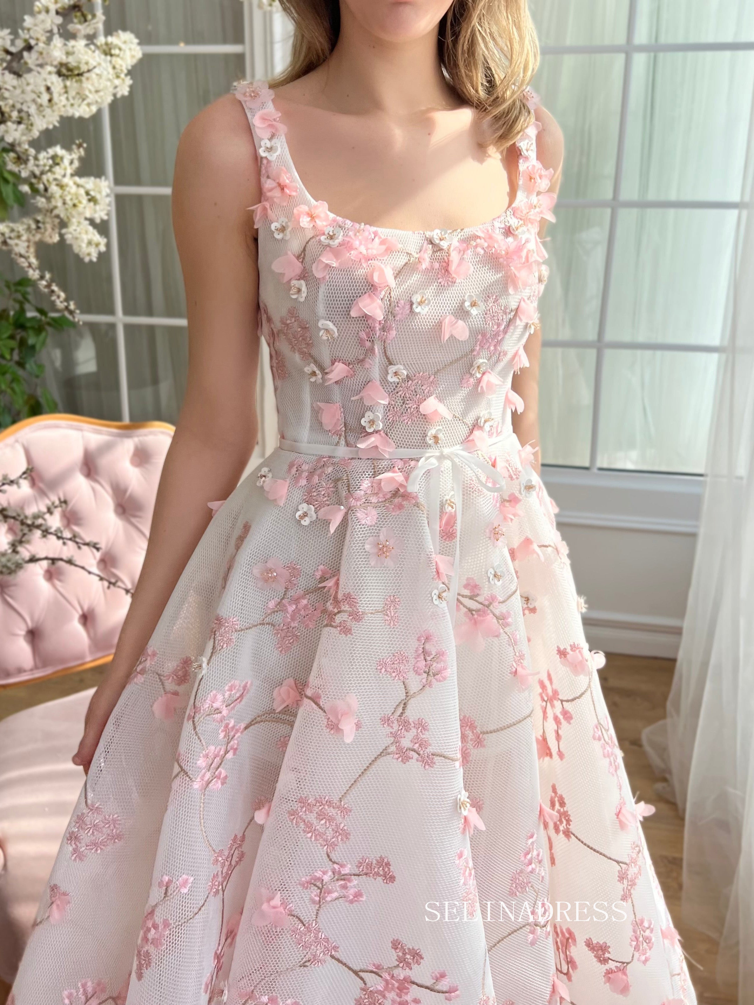 pink pattern formal dress Pink 3D Floral A-line Cap Sleeves Long Prom Dress with Slit