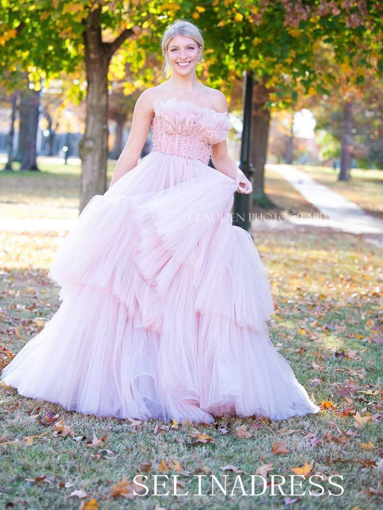 Dusty Pink Tiered Ruffle Tulle Prom Dresses Beaded Waist Evening Dress ann320 Dusty Pink Tiered Ruffle Tulle Prom Dresses Beaded Waist Evening Dress ann320