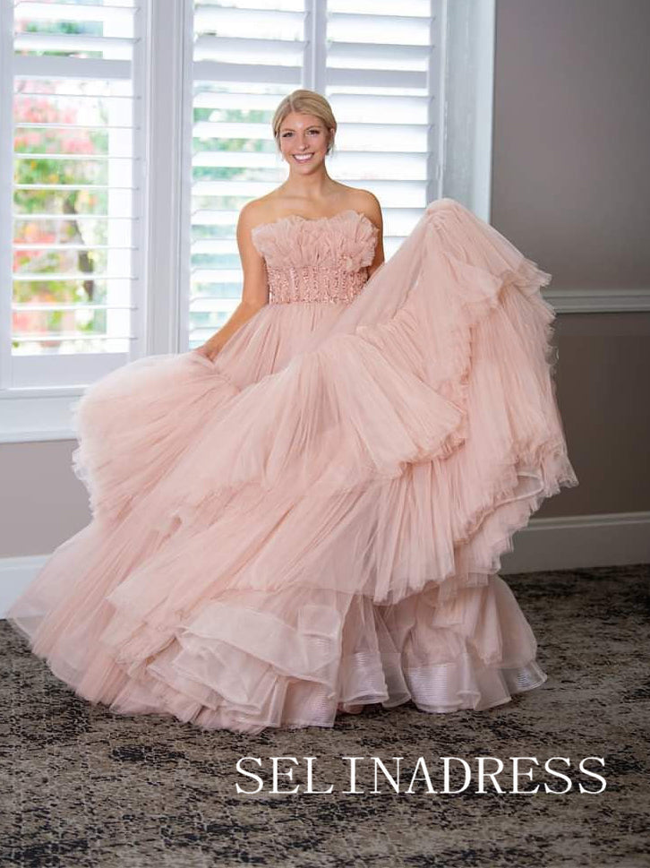 Dusty Pink Tiered Ruffle Tulle Prom Dresses Beaded Waist Evening Dress ann320 Dusty Pink Tiered Ruffle Tulle Prom Dresses Beaded Waist Evening Dress ann320