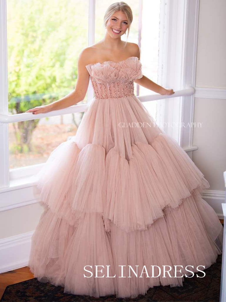 Dusty Pink Tiered Ruffle Tulle Prom Dresses Beaded Waist Evening Dress ann320 Dusty Pink Tiered Ruffle Tulle Prom Dresses Beaded Waist Evening Dress ann320
