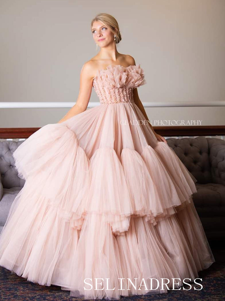 Dusty Pink Tiered Ruffle Tulle Prom Dresses Beaded Waist Evening Dress ann320 Dusty Pink Tiered Ruffle Tulle Prom Dresses Beaded Waist Evening Dress ann320