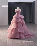 Dusty Rose Beaded Tiered Ruched Wedding Dress Sweetheart Quinceanera Dress 241013|Selinadress