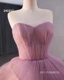 Dusty Rose Beaded Tiered Ruched Wedding Dress Sweetheart Quinceanera Dress 241013|Selinadress