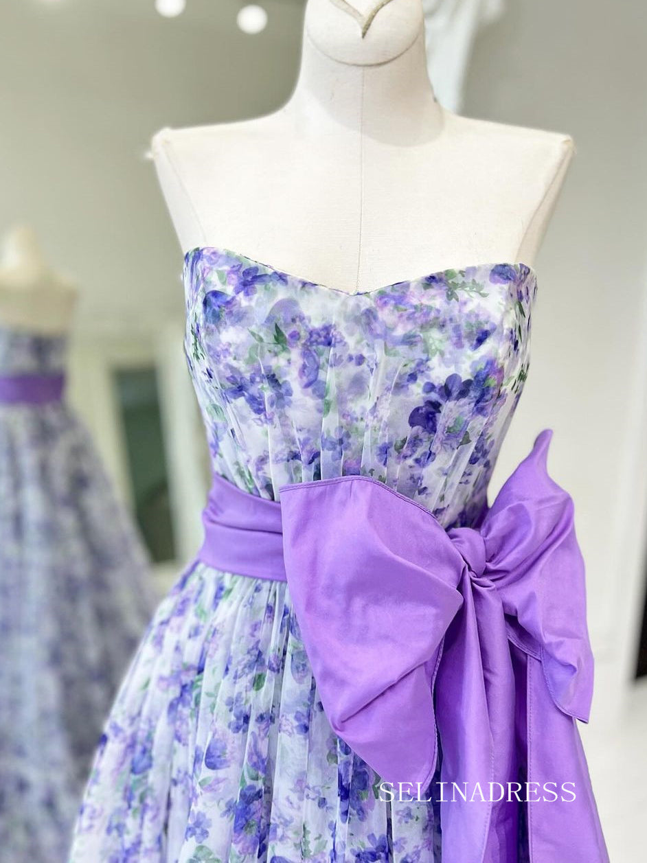 Elegant A-line Strapless Purple Print Floral Bow Tie Long Prom Dress l SELINADRESS Elegant A-line Strapless Purple Print Floral Bow Tie Long Prom Dress l SELINADRESS