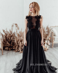 Elegant Black Lace-Illusion Neckline Chiffon Evening Gown COK115|Selinadress