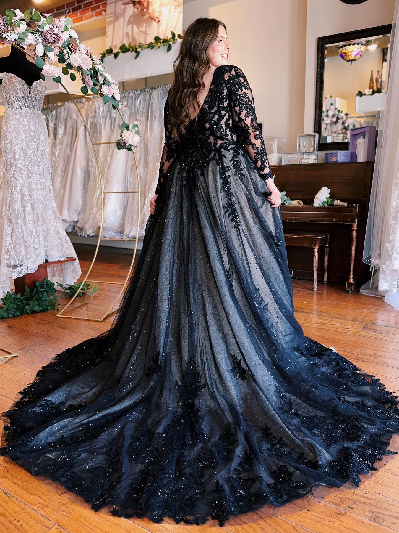 Shiny Tulle V Neck Open Back Black Long Prom Dresses with High Slit –  Pgmdress